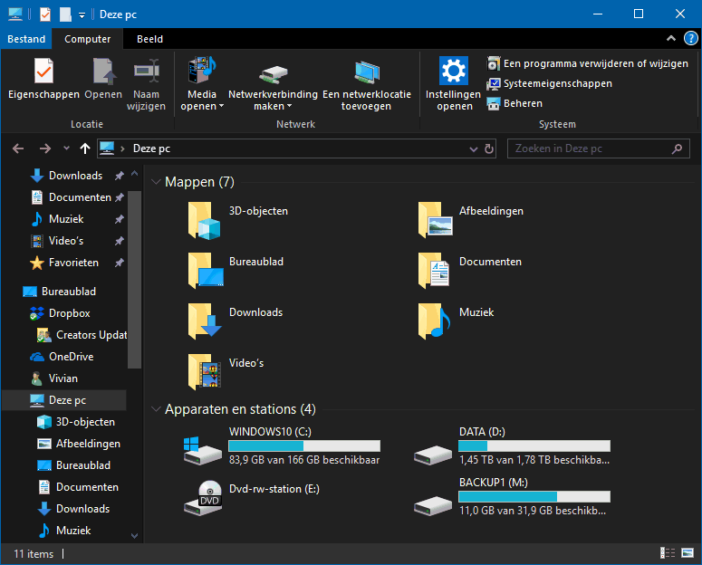 Windows Verkenner: donker thema