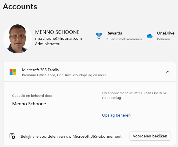 Windows 11: Instellingen, Accounts, Micorosoft 365 Familiy