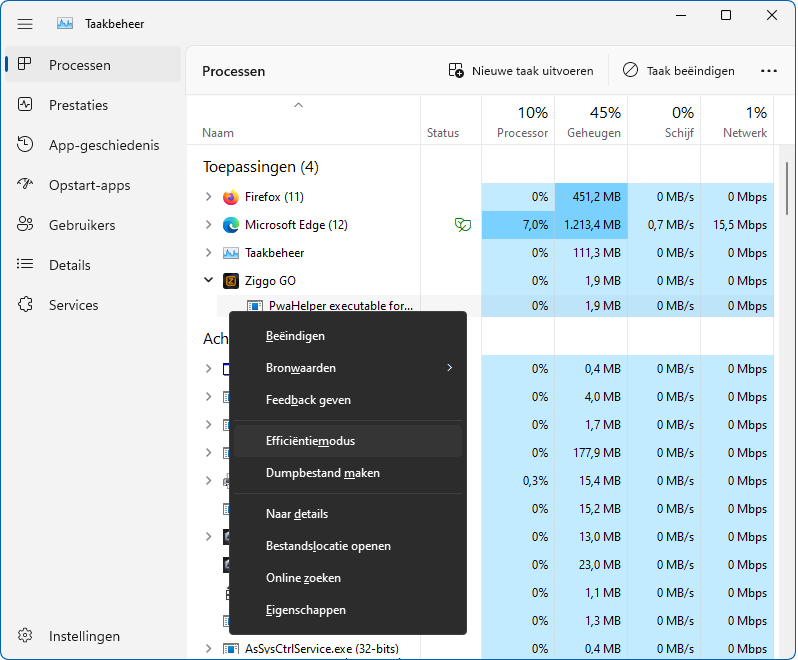 Taakbeheer van Windows 11: efficintiemodus
