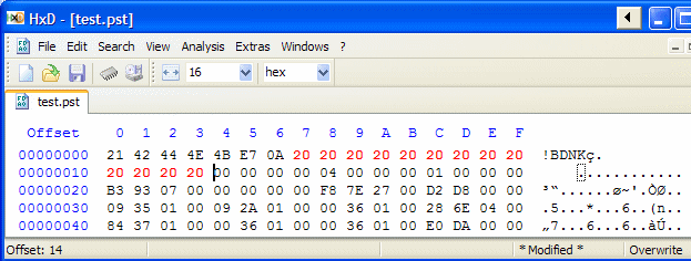 Hexadecimale editor voor het bewerken van het OUTLOOK.PST bestand