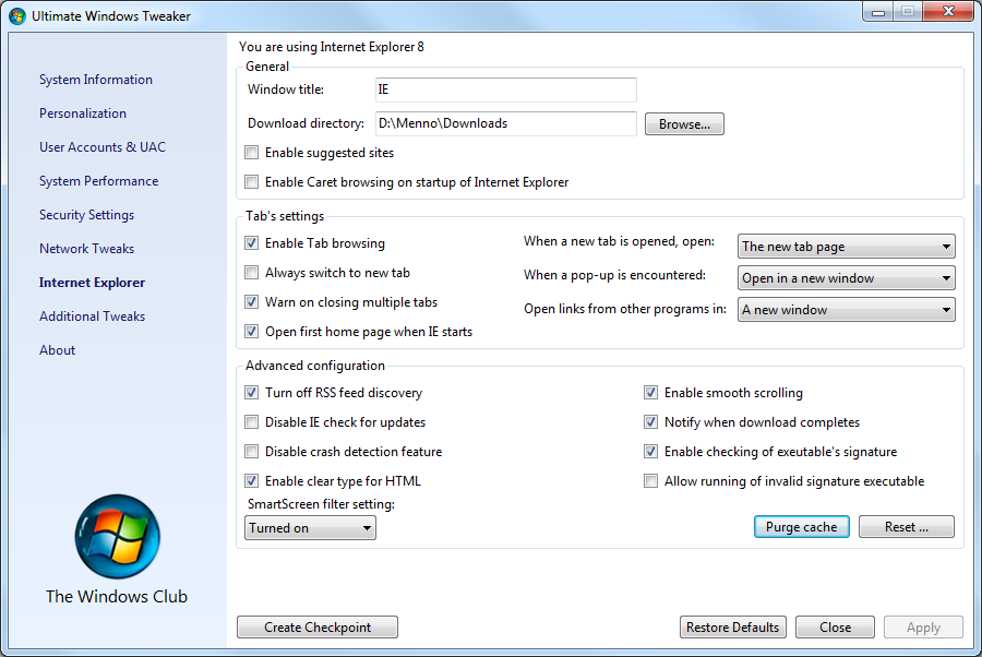 Ultimate Windows Tweaker: Internet Explorer