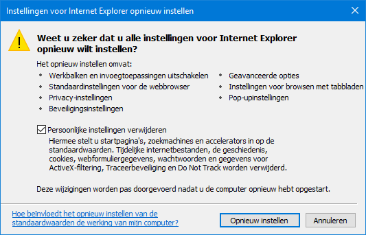 Resetten/herstellen instellingen Internet Explorer
