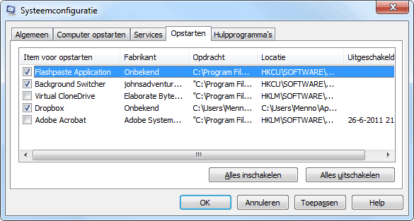 Tabblad Opstarten van MSCONFIG: Windows 7  sneller opstarten.