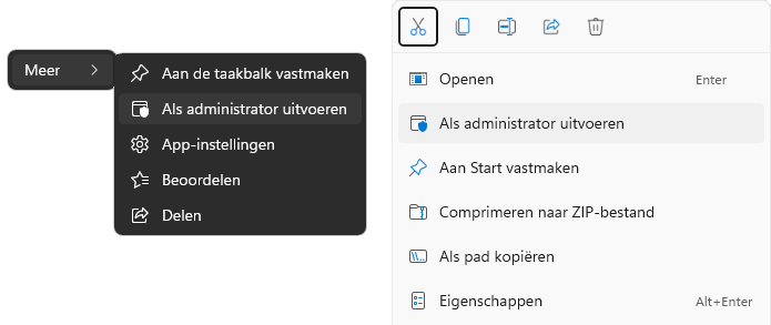 Als administrator uitvoeren vanuit Start en de Windows Verkenner