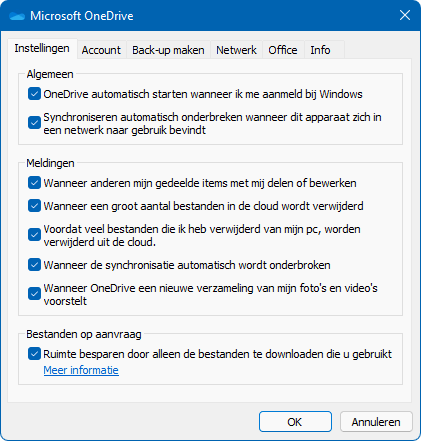 OneDrive tabblad Instellingen (automatisch starten)