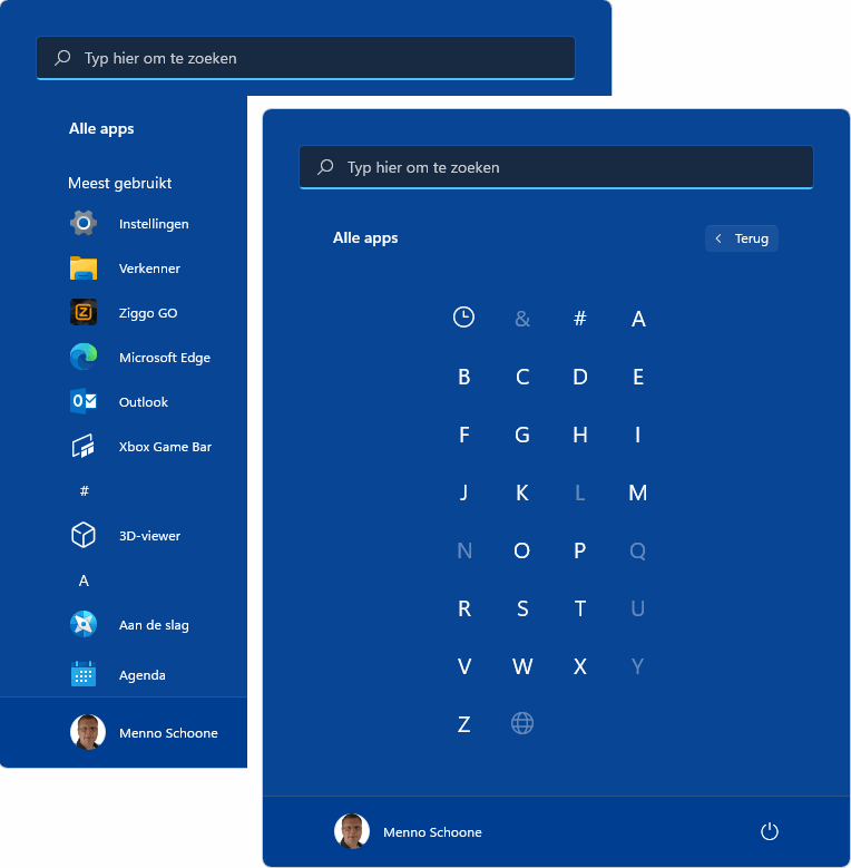 Windows 11 startmenu: Alle apps op alfabet
