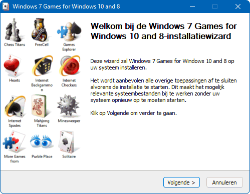 Windows 7 spellen: Mijnenvegen, Patience, FreeCell, Hartenjagen, Purble Place, Spider Solitaire, Chess Titans, Mahjong Titans, Backgammon, Checkers en Spades