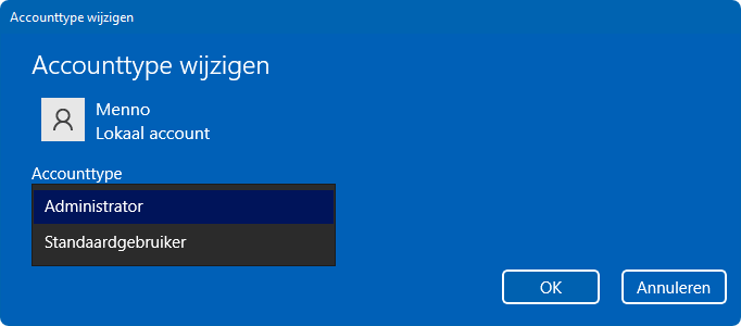 Gebruikersaccount accounttype wijzigen (standaardgebruiker vs administrator account)