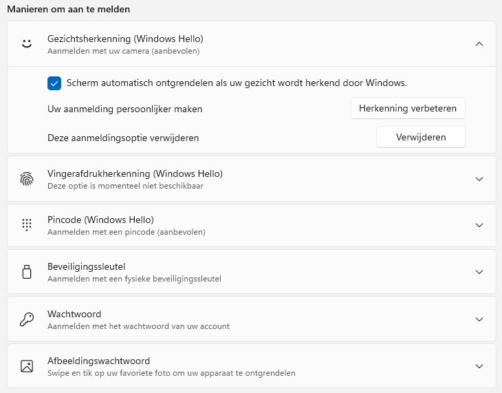 Windows 11: Accounts > Aanmeldingsopties (wachtwoord, gezichtsherkenning e.d.)