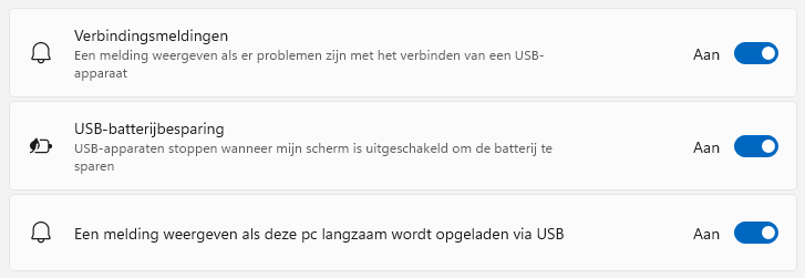 Windows 11 USB instellingen: verbindingsmeldingen en USB-batterijbesparing