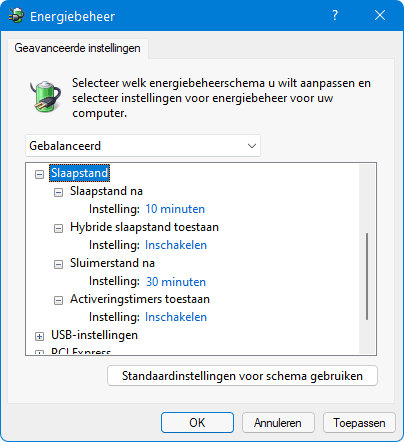 Geavanceerde energie-instellingen wijzigen