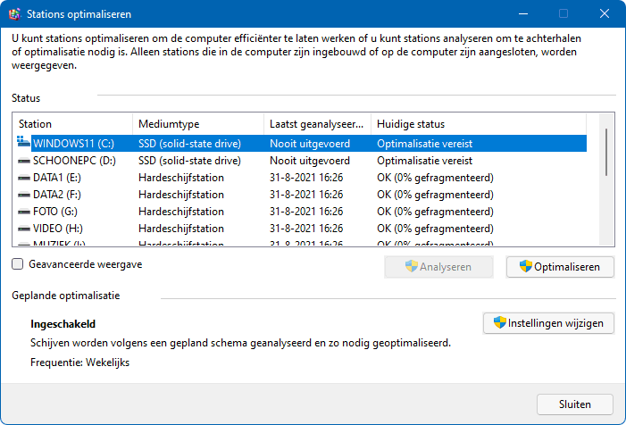Windows 11: Stationsoptimalisatie: schijven optimaliseren en defragmenteren