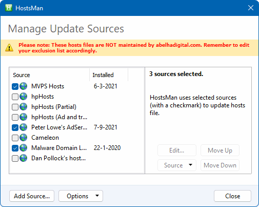 HostsMan select sources (bronnen selecteren)