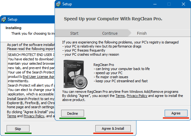 Voorkom malware: klik op Decline of Skip in plaats van Agree of Agree & Install.