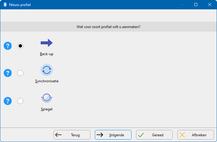 Kiezen voor het maken van een back-up, kopie  of synchronisatie profiel