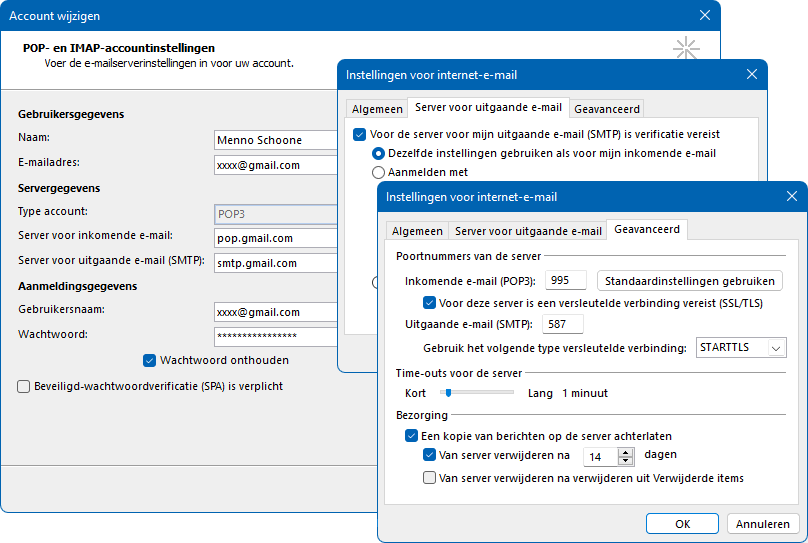 POP-instellingen Gmail in Outlook