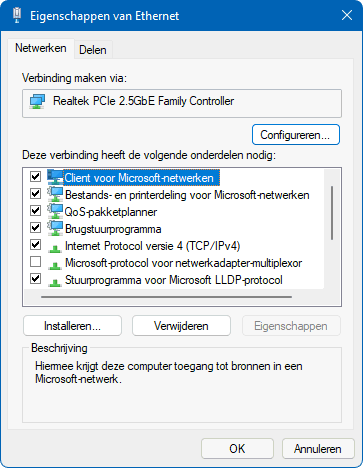 Eigenschappen netwerkverbinding Windows