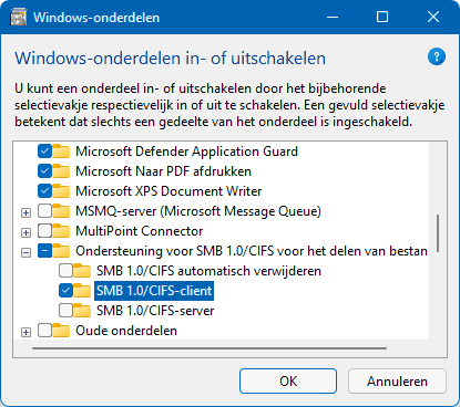 Ondersteuning voor SMB 1.0/CFS voor het delen van bestanden