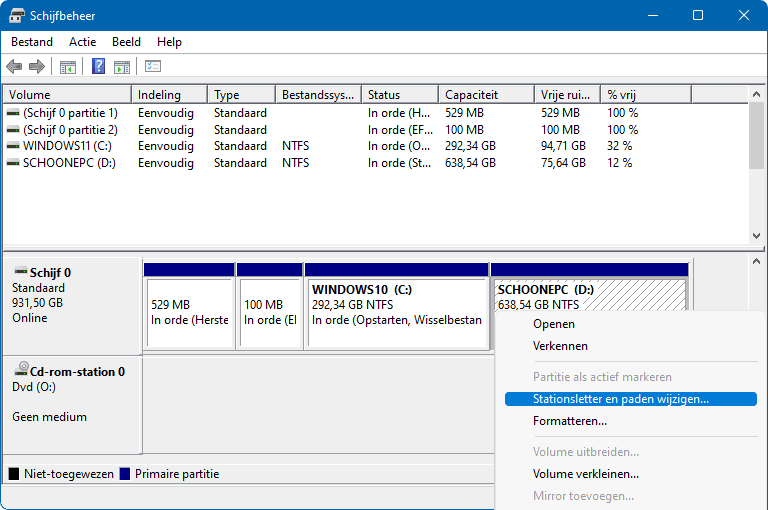 Het partitioneren met Schijfbeheer en het veranderen van de schijfletters.