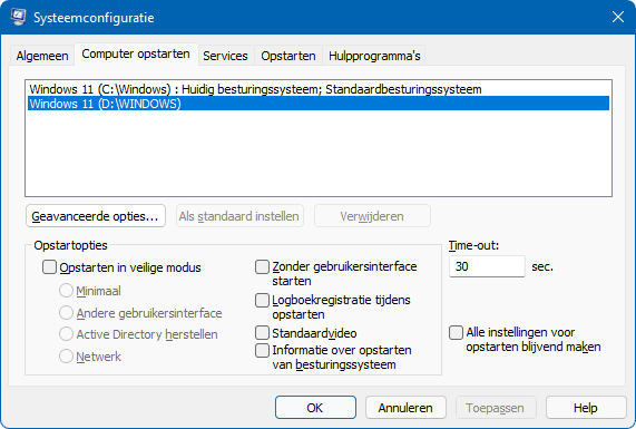 MSCONFIG, tabblad Computer opstarten