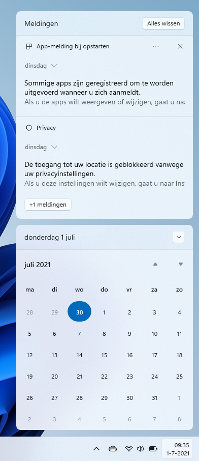 Systeemvak Windows 11: agenda en meldingen