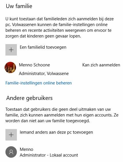 Windows 10 instellingen: onderdeel Accounts, sub Familie en andere gebruikers