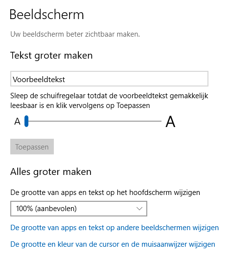 Teksten groter maken op het beeldscherm (onderdeel Toegankelijkheid, sub Beeldscherm)