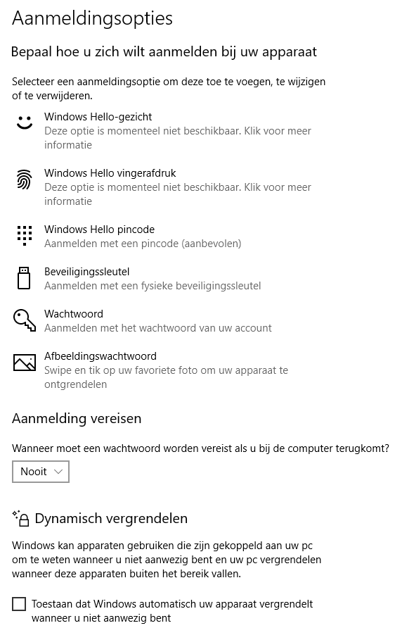 Windows 10: aanmeldingsopties (beveiligingssleutel)