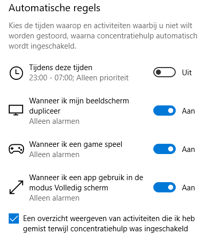 Windows 10: Automatische activatie concentratiehulp