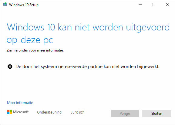 Windows 10 kan niet worden uitgevoerd op deze pc: De door het systeem gereserveerde partitie kan niet worden bijgewerkt