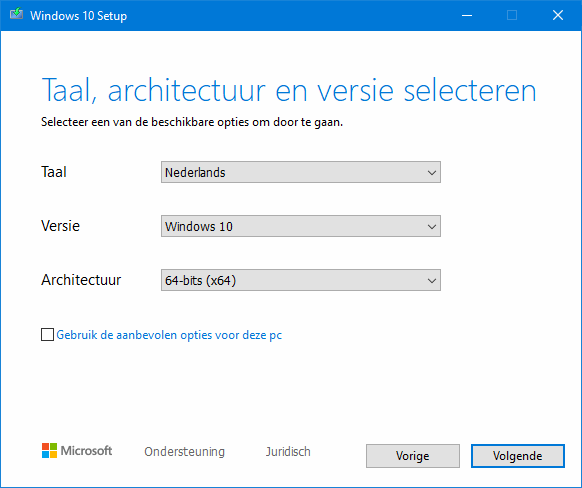 Installatiemedium Windows 10 maken: taal, versie en architectuur