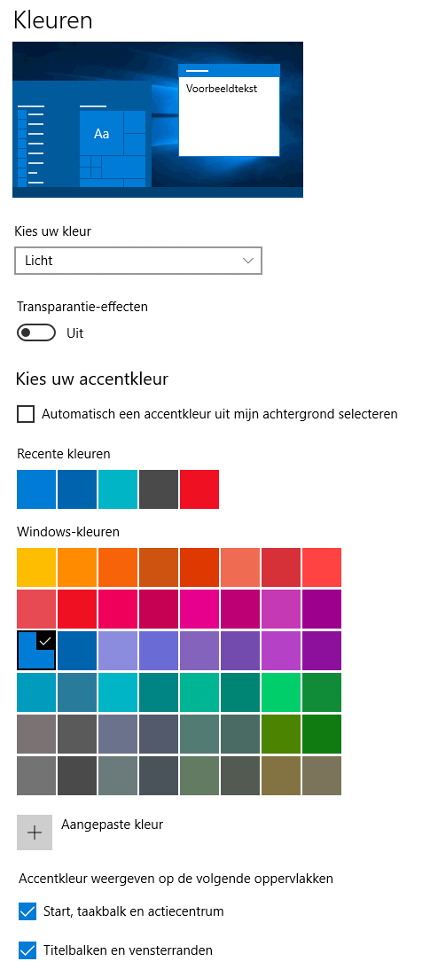 Windows 10: kleur toepasen op taakbalk, start, actiecentrum e.d.