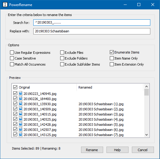 Windows 10 PowerToy PowerRename: bestandsnamen geautomatiseerd wijzigen