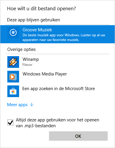 Altijd deze app gebruiken voor het openen van .mp3 bestanden