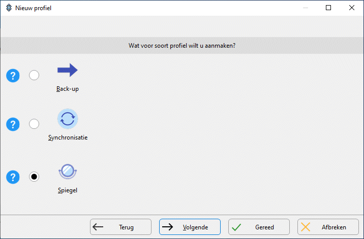 Kiezen voor het maken van een back-up, kopie  of synchronisatie profiel