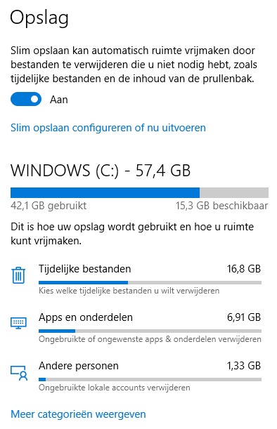 Windows 10 instellingen: onderdeel Systeem, sub Opslag