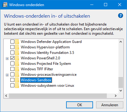Sandbox: Windows-onderdelen in- of uitschakelen