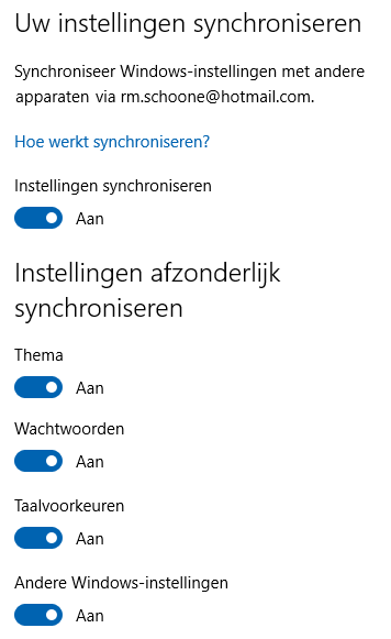 Windows 10 instellingen: onderdeel Accounts, sub Uw instellingen synchroniseren