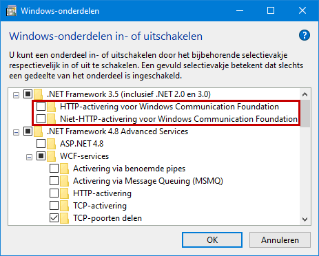 Configuratiescherm, onderdeel Programma’s en onderdelen, taak Windows-onderdelen in- of uitschakelen, opties .NET Framework