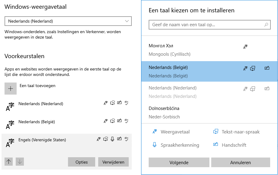 Windows 10 instellingen: onderdeel Tijd en taal, sub Regio en taal