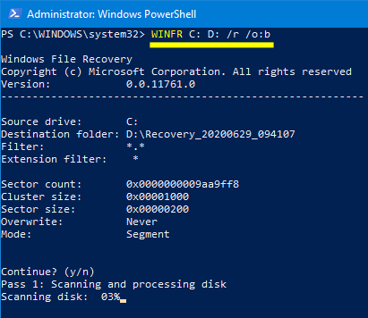 Windows File Recovery WINFR C: D: /r /o:b