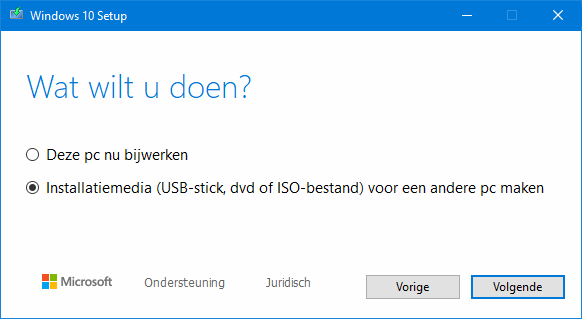 Windows 10 DVD of USB installatiemedium maken.