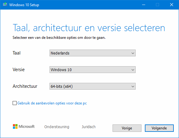 Installatiemedium maken: taal, versie en architectuur van de Windows 10 DVD of USB-stick