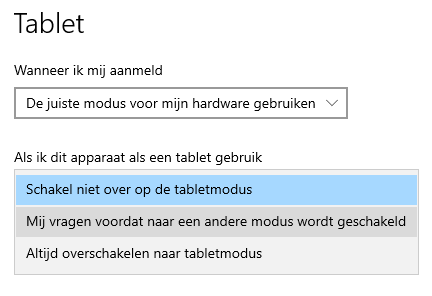 kopje 'Als ik dit apparaat als een tablet gebruik', optie 'Mij vragen voordat naar een andere modus wordt geschakeld'