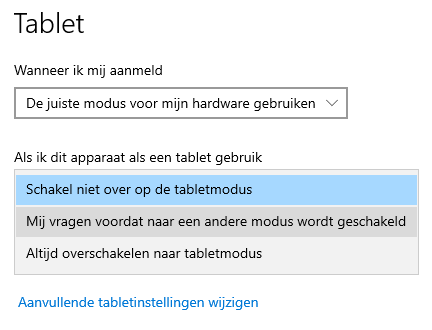 Windows 10 instellingen: onderdeel Systeem, sub Tabletmodus