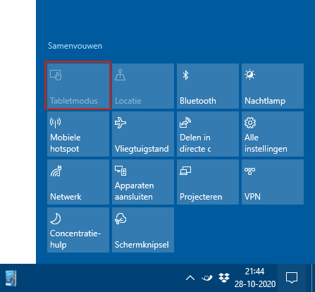 Tabletmodus verwijderd uit de lijst met Snelle acties