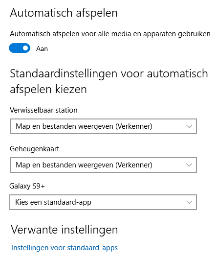 Windows 10 instellingen: onderdeel Apparaten, sub Automatisch afspelen