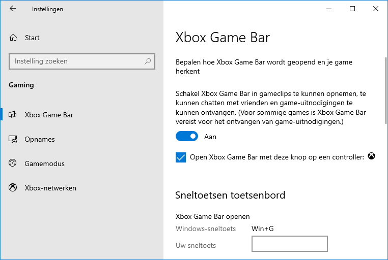 Windows 10 instellingen: onderdeel Gaming, sub Gamebalk
