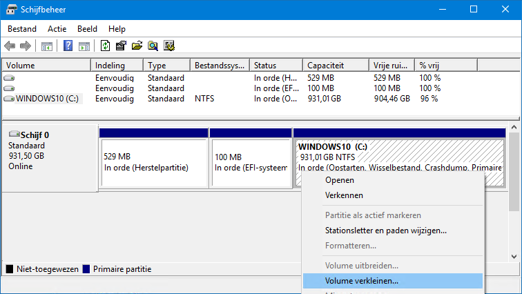 Partitie verkleinen met Windows Schijfbeheer