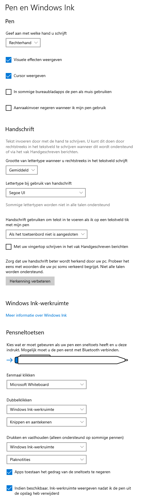 Instellingen, onderdeel Apparaten, sub Pen en Windows Ink